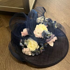 Navy custom floral fancy Derby hat, handmade